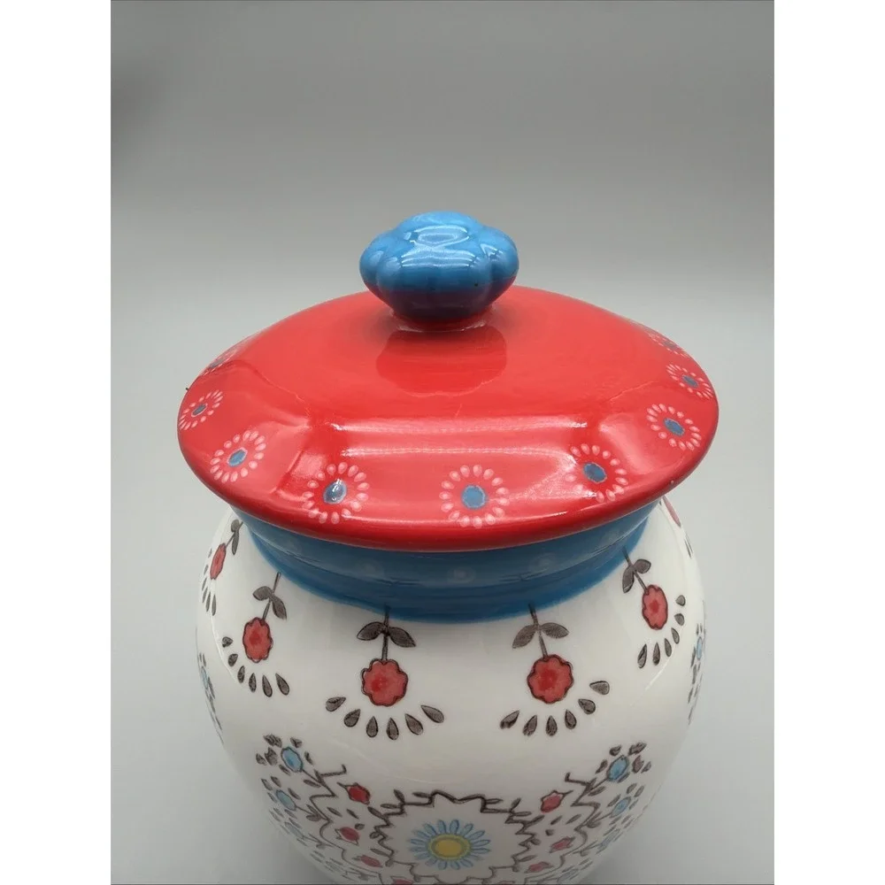 Graces Bakeware Painted Floral Red/Blue Cookie Jar/Canister with Lid